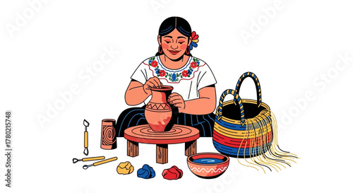 Artistic woman with traditional mexican attire creating pottery on spinning wheel, surrounded by clay, tools, and woven basket, depicting scene cultural craftsmanship and artistic creation