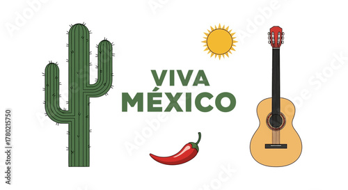 Vibrant symbolizing mexico with iconic elements saguaro cactus, the phrase viva mexico, red chili pepper, sun, and guitar, representing mexican culture, celebration, and national pride
