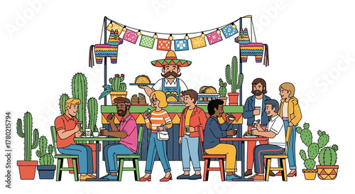 Diverse group people enjoying food and drinks at vibrant mexicanthemed outdoor restaurant with colorful decorations and cacti
