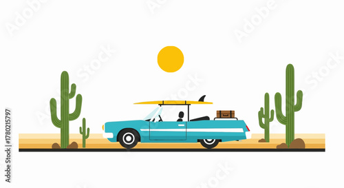 Retro turquoise convertible car with surfboard and luggage on top, driving through desert landscape with saguaro cacti and bright sun