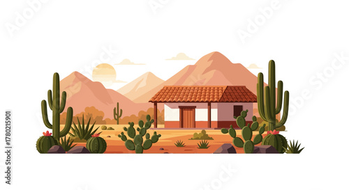 Desert landscape with traditional adobe house, mountains in the, and various types cacti under warm, setting sun