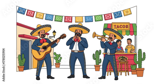 Mariachi band playing music in front taco stand with colorful papel picado banners overhead, featuring musicians with guitars and trumpets, cacti, and patrons