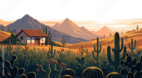Pixel desert landscape at sunset with small adobe house, mountains, and various types cacti, evoking sense solitude and tranquility