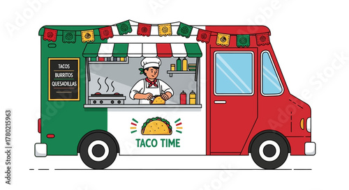 Colorful taco truck, decorated with mexican flags, serves delicious food from its window, representing popular street food vendor