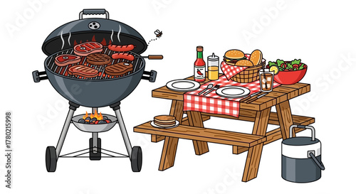 Classic charcoal grill filled with sizzling meats and sausages, next to wooden picnic table set for meal with burgers, salad, and condiments, perfect for outdoor dining