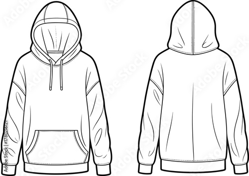 Technical flat hoodie front and back view with kangaroo pocket, drawstring hood, long sleeves, detailed apparel cad fashion vector