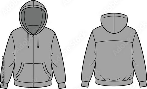Zip front hoodie technical flat, detailed garment cad drawing with hood and pockets, fashion vector template, front and back sweatshirt design