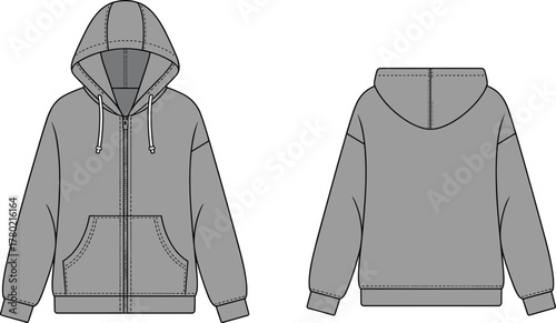 Zip up hoodie technical flat, detailed front and back garment cad drawing, vector fashion template with zipper, hood, pockets, sweatshirt design