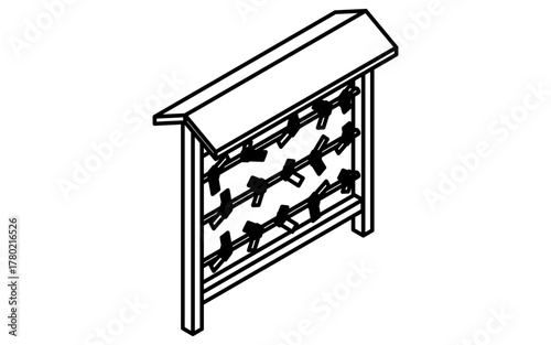 イベントアイコン、おみくじ結び所のシンプルなアイソメトリックイラスト、白黒