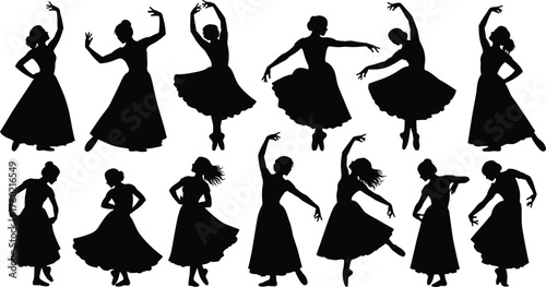Ballet dancer silhouette illustration, graceful poses, flowing skirts, expressive movement, black vector, elegant choreography, artistic style, dance performance, fashion concept