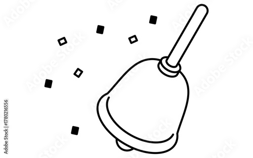 イベントアイコン、にぎやかしのベルと紙吹雪のシンプルなアイソメトリックイラスト、白黒