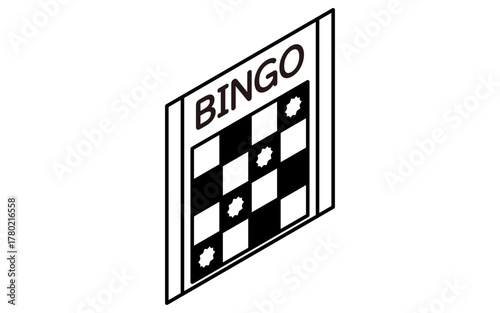 イベントアイコン、一列そろったビンゴカードのシンプルなアイソメトリックイラスト、白黒