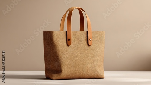 A product packaging mockup featuring a sustainable paper bag with a subtle linen texture