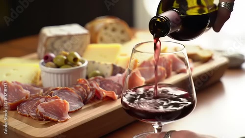 Pouring a glass of rich red wine to accompany a delicious gourmet charcuterie board with assorted meats and cheeses