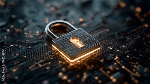 Glowing padlock on a circuit board representing cybersecurity and data protection