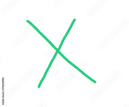 Hand drawn green x mark, cross symbol, rejection icon, check-off sign isolated on transparent background