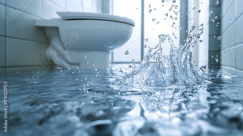 Toilet overflowing with water flooding bathroom floor with splashes