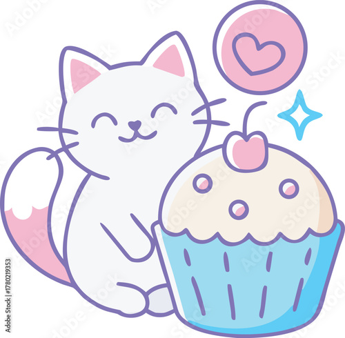 Minimalist Kawaii Cat and Cupcake Icon with Heart and Sparkle Elements, Cute Pastel Vector Logo for Sweet Shop or Bakery Brand