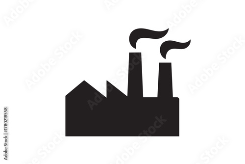 Simple black icon depicting an industrial factory with two smokestacks
