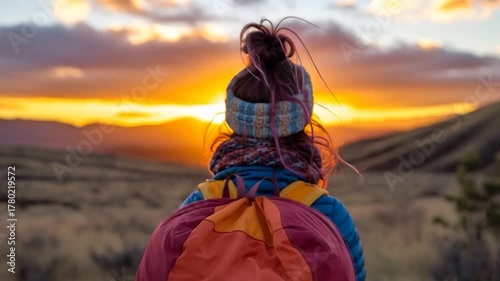 Happy Woman Hiker Enjoying Sunset in Mountains.