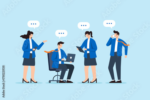 Flat illustration of business people using smartphone laptop and tablet while talking texting and chatting to represent modern digital communication