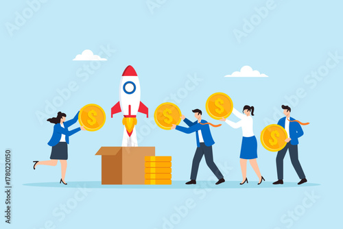 Flat illustration of business team contributing coins for startup project crowdfunding and financial growth collaboration