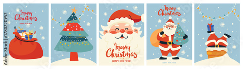 A set of vintage illustrations of Santa Claus, a Christmas tree, a sack of gifts, Santa by the chimney. Merry Christmas flat cartoon vector cards. Winter holidays.