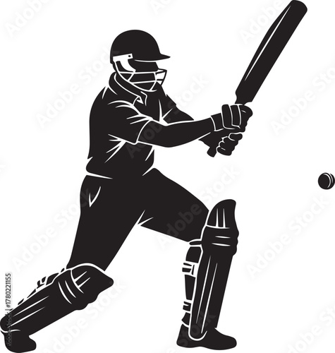 Cricketer Batting Silhouette Vector – Side View Sports Illustration, Cricket Player in Batting Stance, Minimal Black Logo Design on White Background