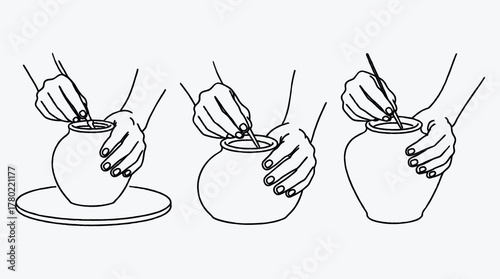 Hands Crafting Pottery with Stick Three Stages Black and White Illustration