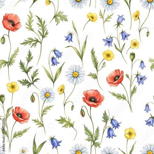 Watercolor floral pattern of hand-painted wildflowers and sprawling leaves tied with a sheer ribbon on a bright white silk background, created for wallpaper and fabric, illuminated with diffused	