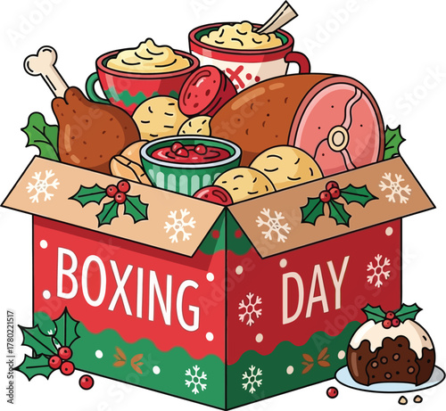 Boxing Day illustration with food box and festive and delicious meal