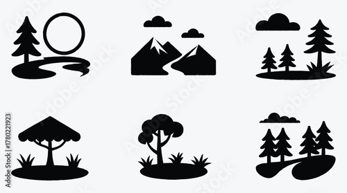 Simple Black Forest Illustration with Mountains Trees Clouds and River