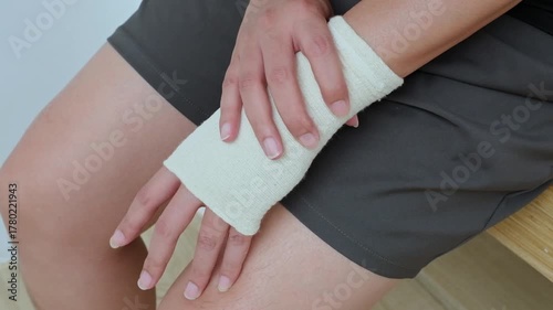 Slow-motion of wrist pain relief, compression brace worn, hand gently massaging sore joint from overuse. Ideal for therapy, recovery, strain care.