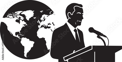 World Leader at Podium Silhouette Vector – Political Speech and Global Leadership Concept, Minimal Black Illustration on White Background"
