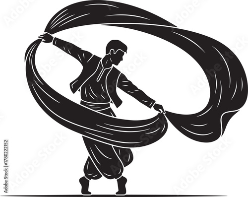 Arab Dancer Silhouette Vector – Traditional Middle Eastern Dance with Flowing Fabric, Cultural Festival and Performance Concept, Minimal Black Illustration on White Background
