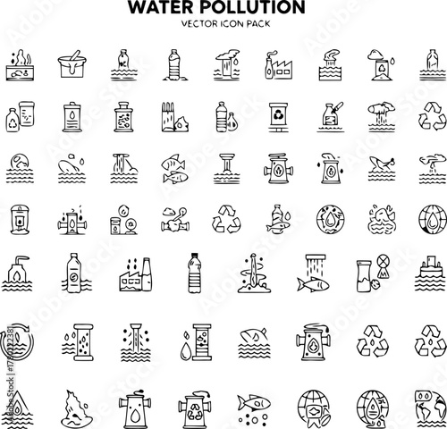 Water Pollution Vector Icon Pack – Minimal Icons of Environmental and Marine Contamination