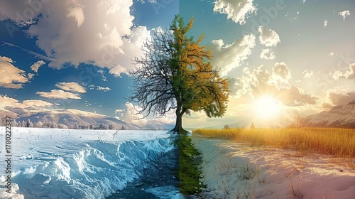 Half and Half Season Tree in Winter and Autumn Landscape with Snow and Sunshine Scenery
