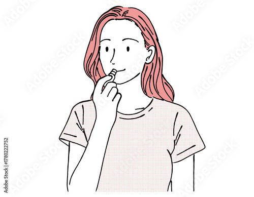 リップクリーム（リップバーム）を塗る女性のイラスト,保湿,美容,リップケア,線画,ビューティー