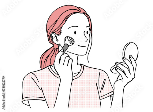 チークブラシでメイクアップをする女性のイラスト,化粧,美容,鏡,線画,ビューティー
