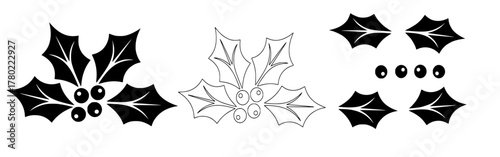 Set of holly leaves and berries illustrations in various styles: silhouette, outline, and design elements, representing Christmas, winter, holiday, festive decoration, and seasonal symbols.