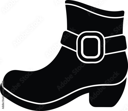 Black silhouette of a curled toe boot with buckle on white background