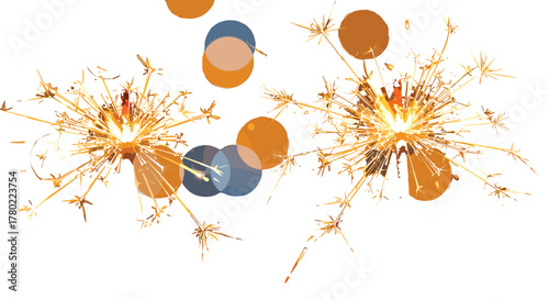 Sparkler light burst vector, golden sparks, festive glow, abstract circles, celebration design, holiday background, dynamic energy, flat illustration style