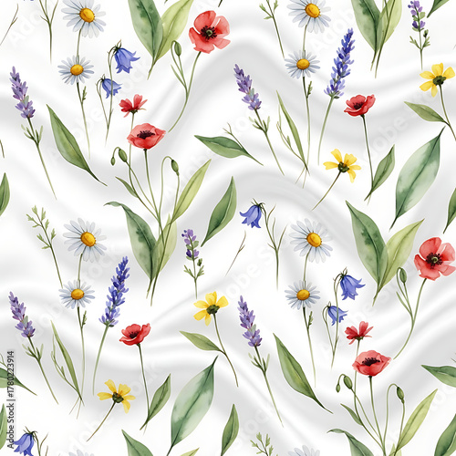 Watercolor floral pattern of hand-painted wildflowers and sprawling leaves tied with a sheer ribbon on a bright white silk background, created for wallpaper and fabric, illuminated with diffused	