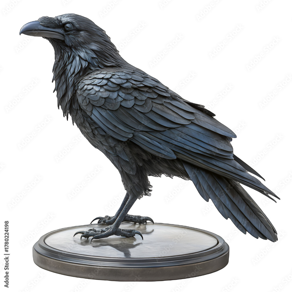 Fototapeta premium A meticulously crafted raven statue commands attention, showcasing intricate details in its feathers and posture, embodying wisdom and mystery.