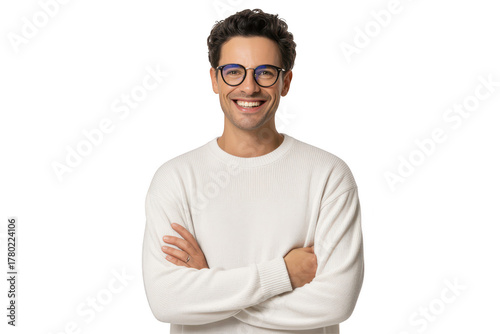 Portrait of a smiling young man with dark hair and glasses, wearing a white sweater, isolated on transparent background