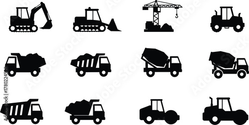 Construction vehicle silhouettes, excavator, bulldozer, dump truck, cement mixer, road roller, crane, tractor, heavy machinery, industrial equipment, black icons