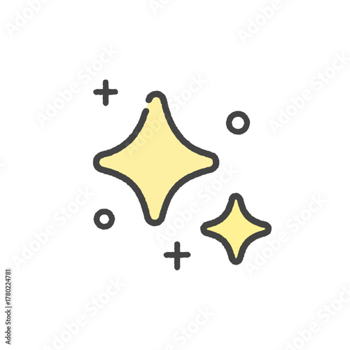 黄色いキラキラの光の絵文字 - ピカピカ光っているイメージのかわいい手書きの線画アイコン