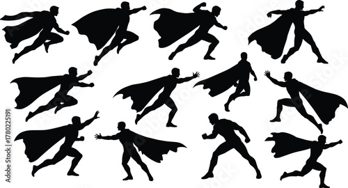 Superhero silhouette, dynamic action, flying, running, jumping, cape motion, comic character, heroic pose, vector art, animation reference, dramatic movement