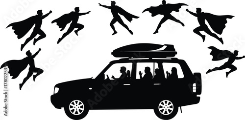 Superheroes flying above family car silhouette, road trip adventure, teamwork, protection, fantasy travel concept, dynamic motion, black vector illustration