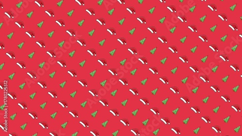 Seamless Christmas Pattern with Santa Hats and Green Fir Trees on a Red Background with Jump Looping Animation